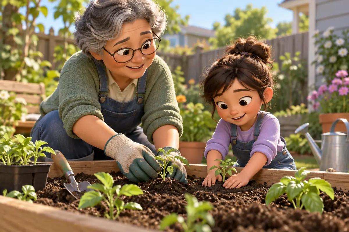 A grandparent and child plant seedlings together in a backyard garden.