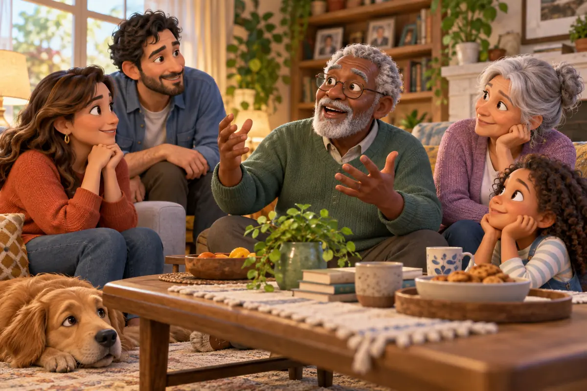 Several generations sit together as a grandparent shares a story with attentive family members.