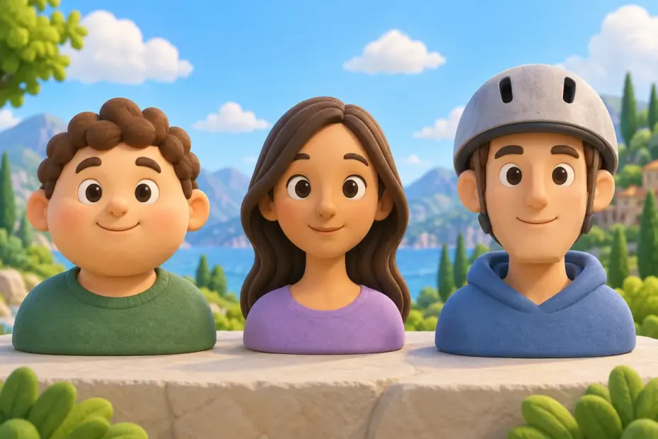 Three friendly 3D character busts with different head outlines and hairstyles, one wearing a white helmet.
