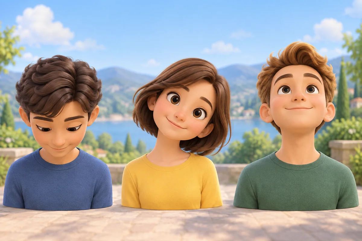 Three friendly cartoon heads show bowed, tilted, and raised positions.