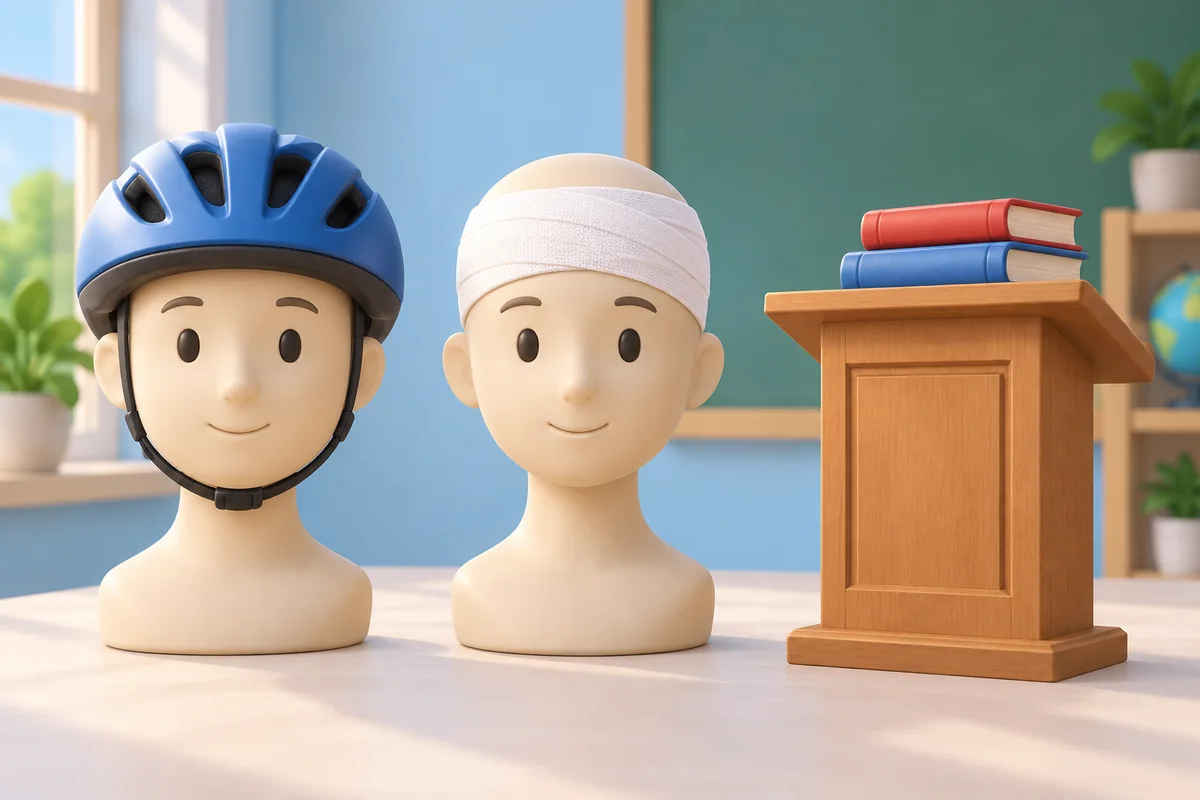 A cartoon head wearing a blue helmet and a bandaged head bust appear beside a school podium and books.