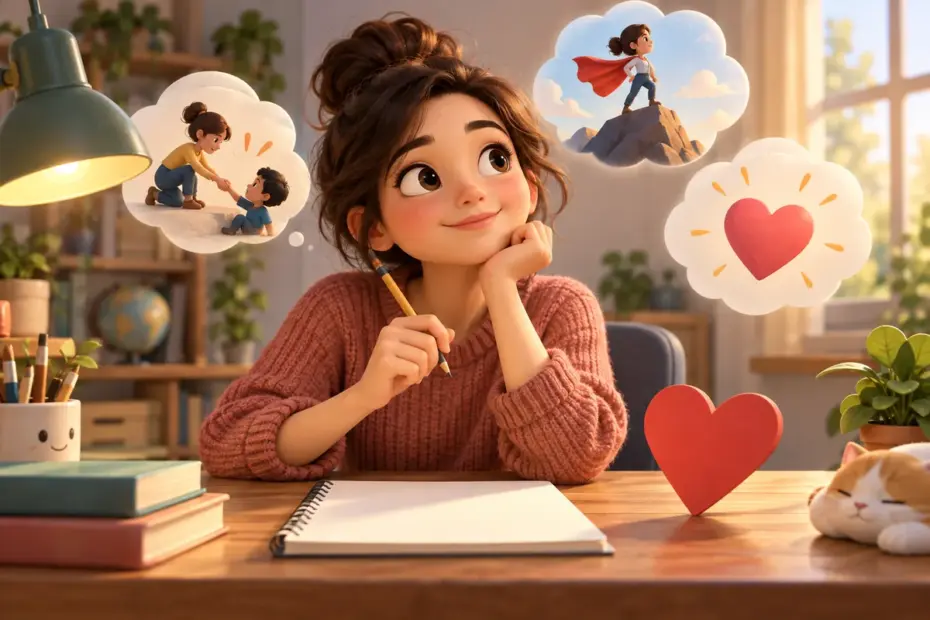 A young writer chooses heart-related words beside a red heart symbol and a page of blank notes.