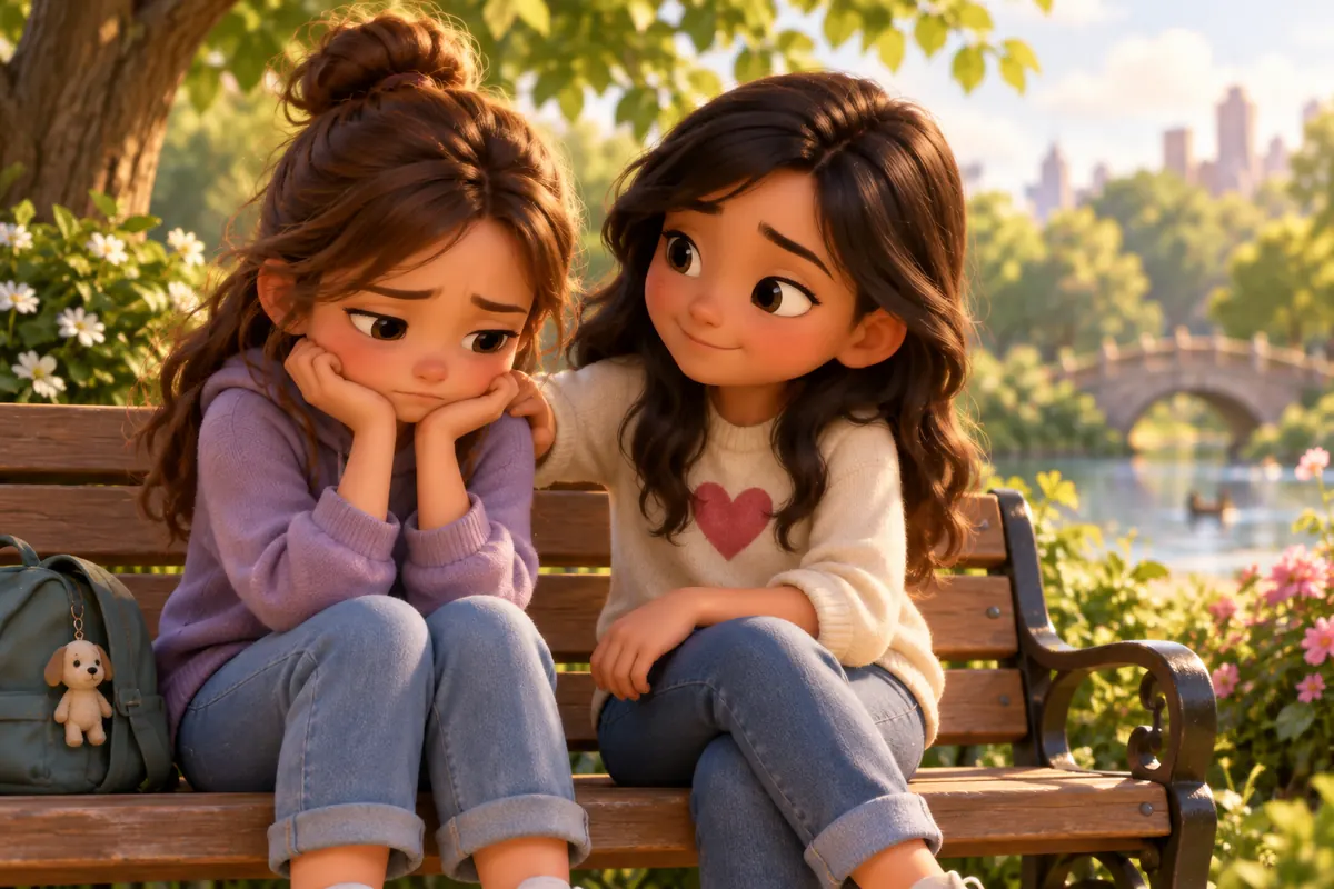 A person comforts a friend who looks sad, showing warmth and compassion.