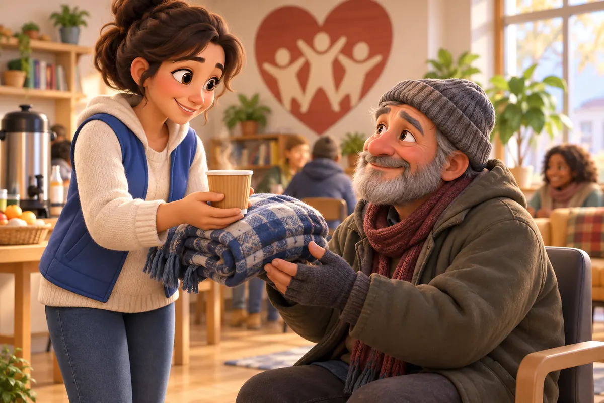 A volunteer offers a warm drink and blanket to a neighbor at a community center.