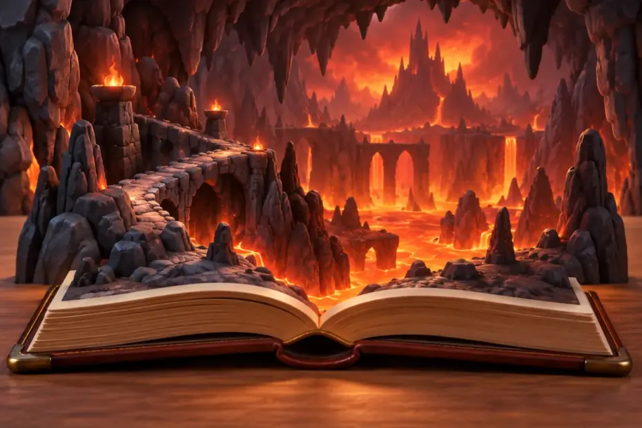 A writer studies a fantasy illustration of a shadowy cavern lit by glowing embers.