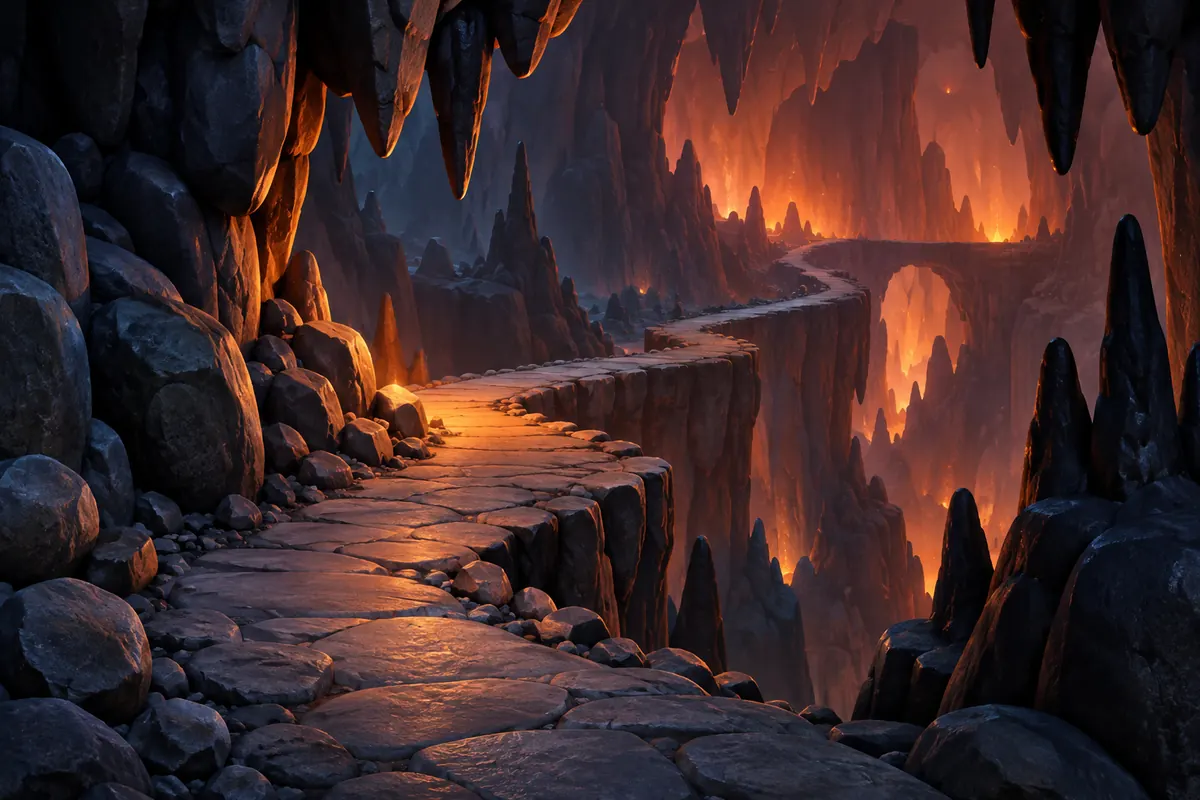 A dark rocky cavern with a narrow path and red-orange light suggests an infernal setting.