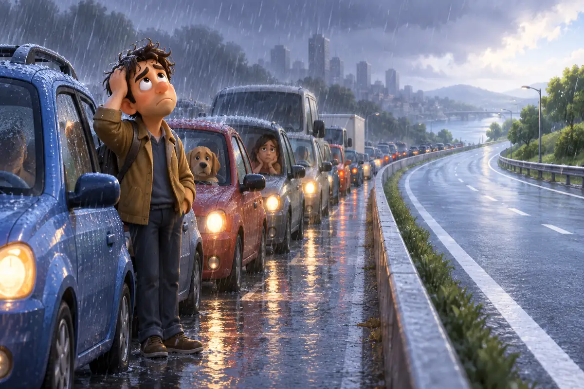A writer compares a crowded, stormy commute with a calm empty road to describe a hellish day.