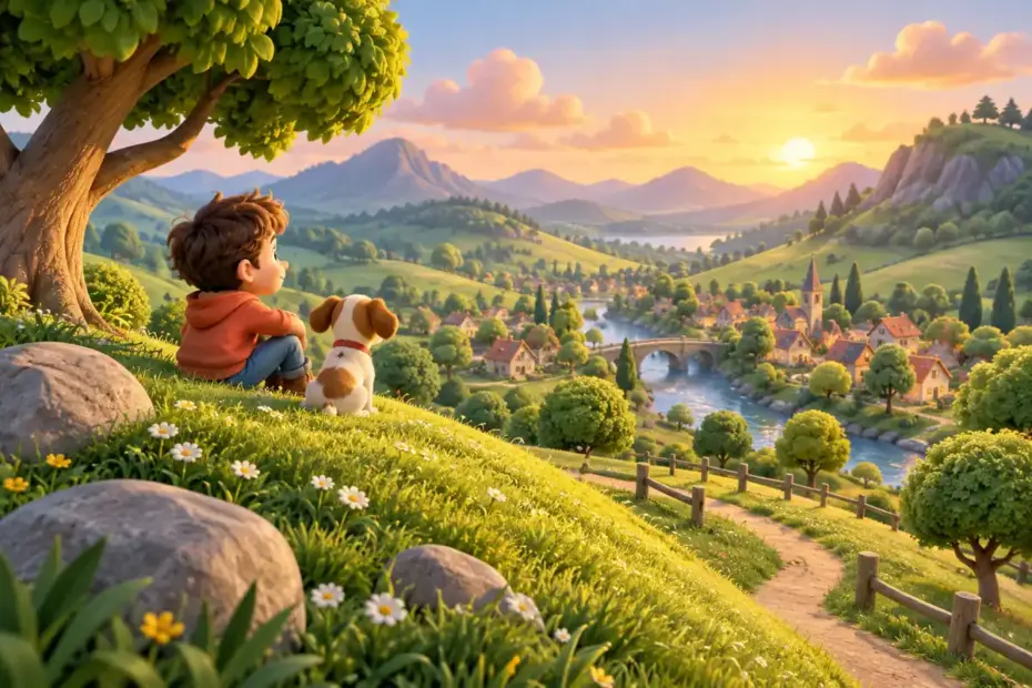 A rounded grassy hill rises above a village.