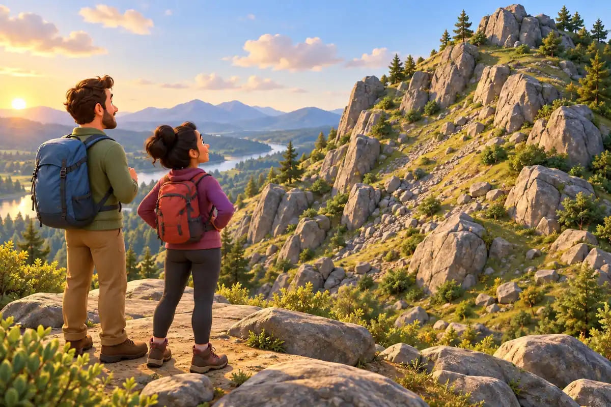 Walkers observe the rocky slope of a hill.