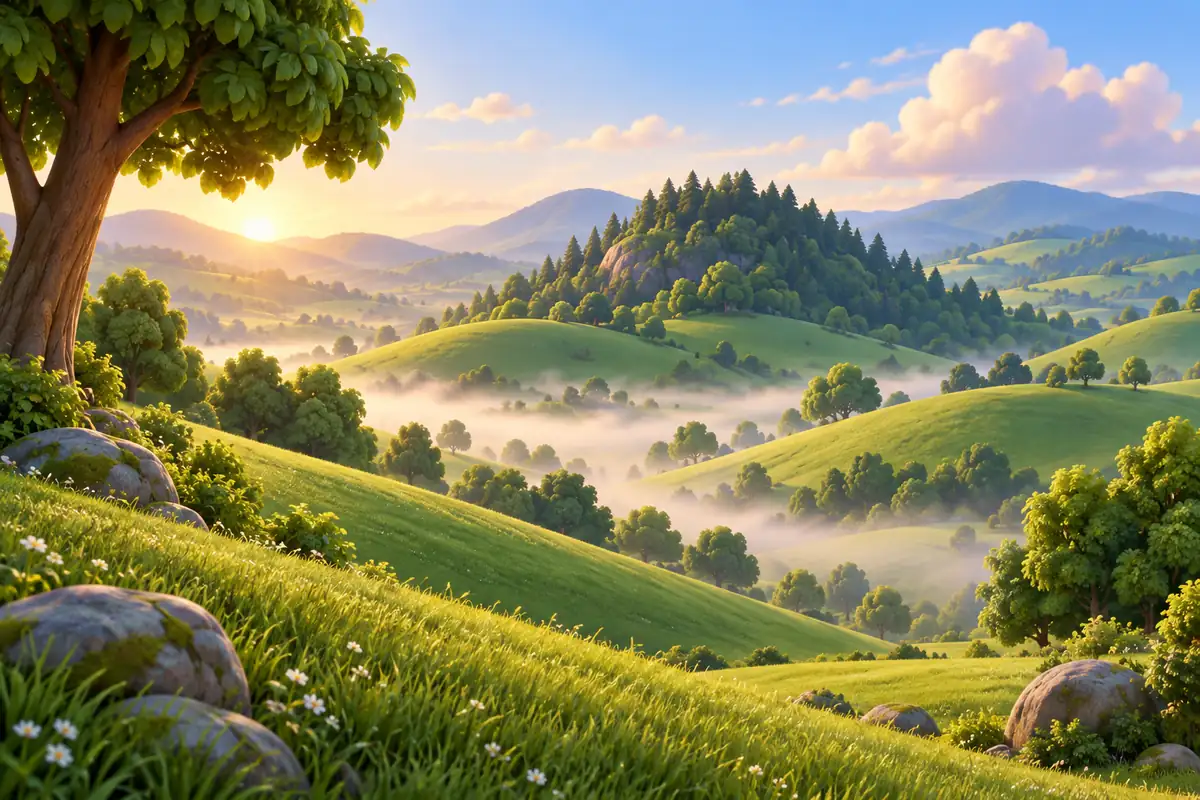 Rolling green hills extend toward a wooded slope.