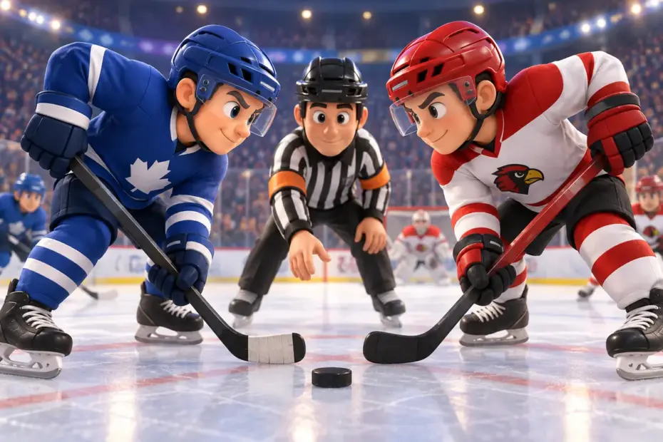 Ice-hockey players face a puck on a rink.