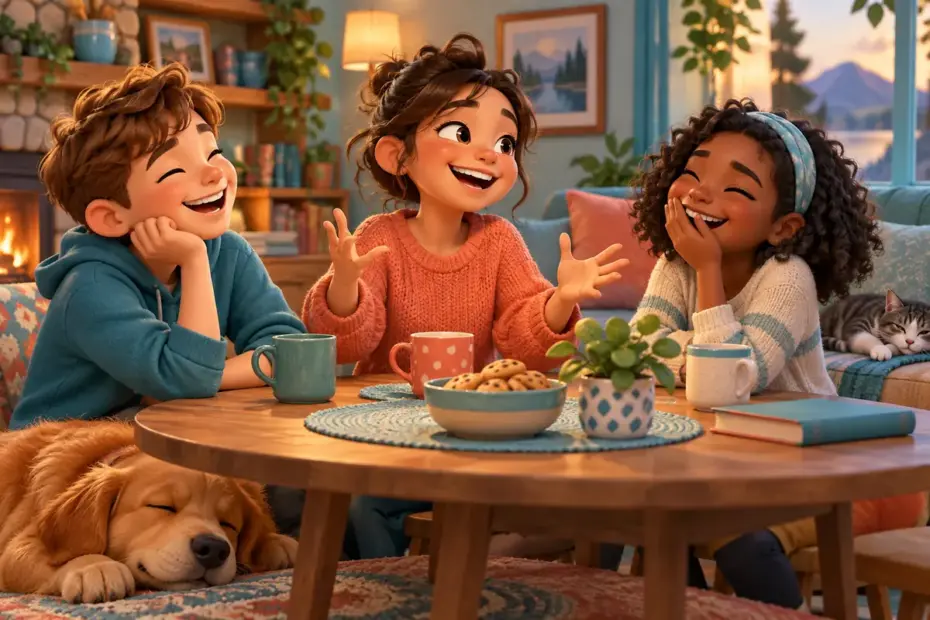 A storyteller shares a lighthearted tale as friends laugh together around a small table.