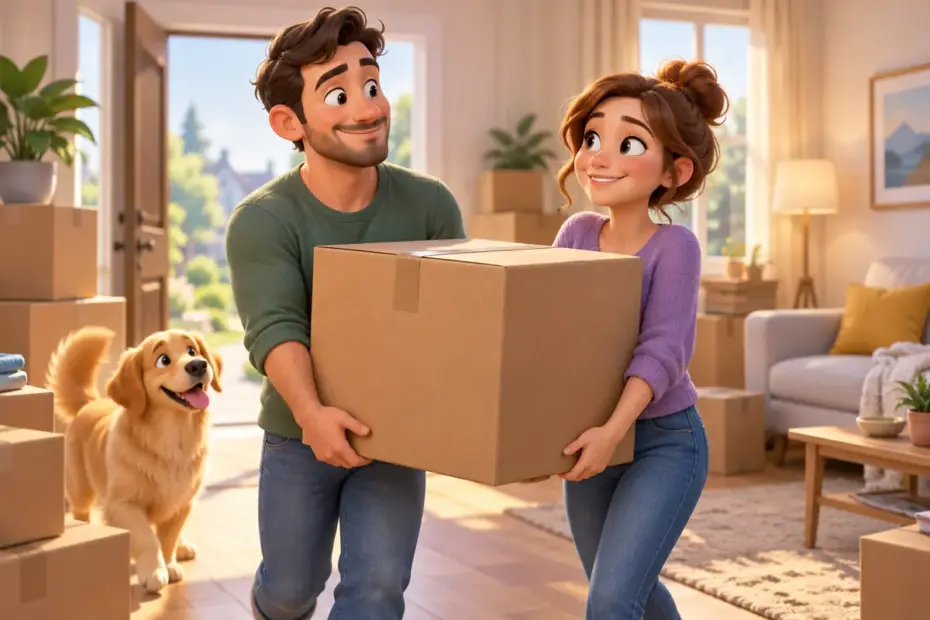 Two spouses carry a closed moving box together.