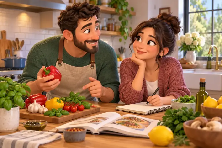 An adult couple plans a meal together at a kitchen counter, sharing notes and ingredients.