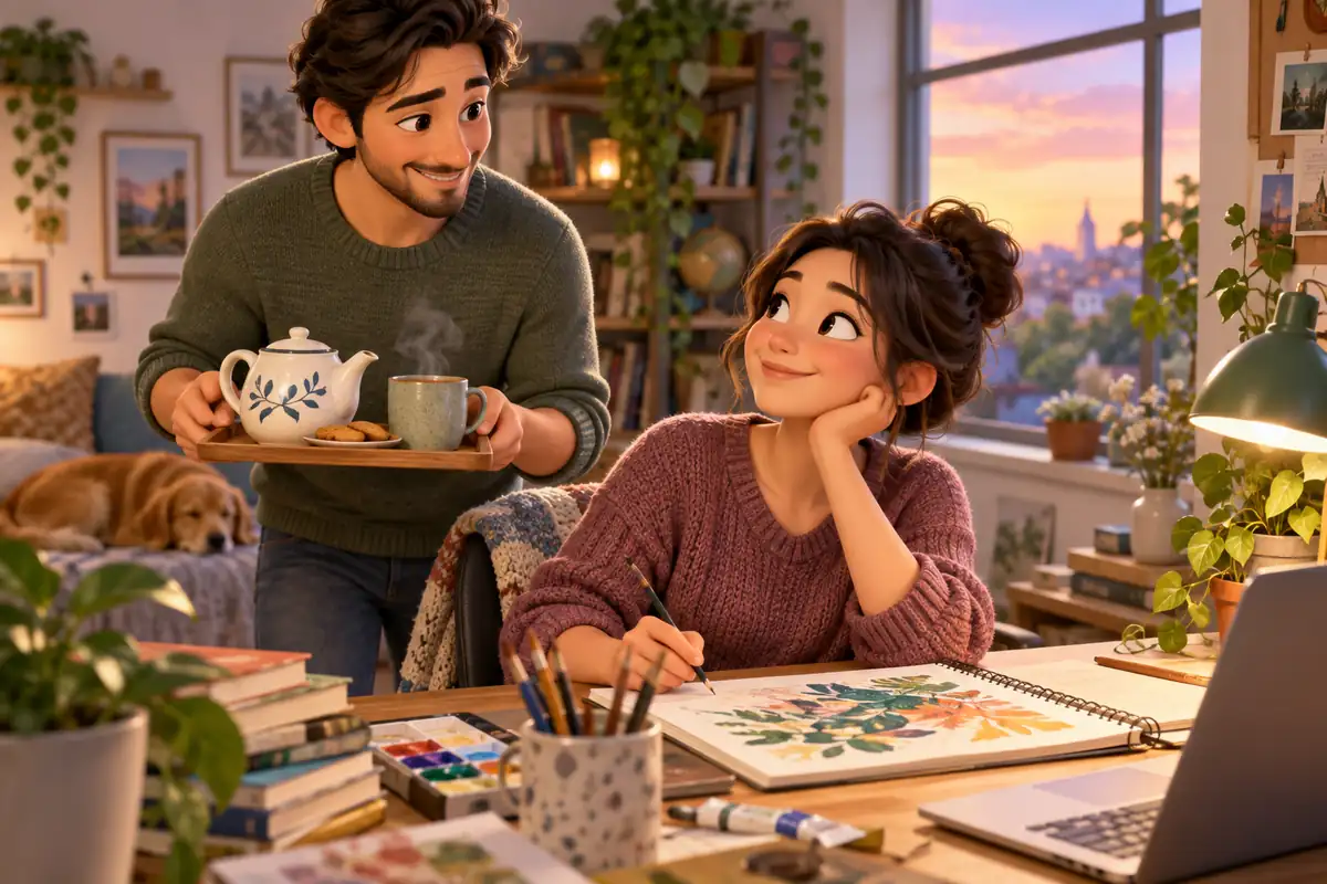 One adult partner brings tea to another partner who is working on a creative project.