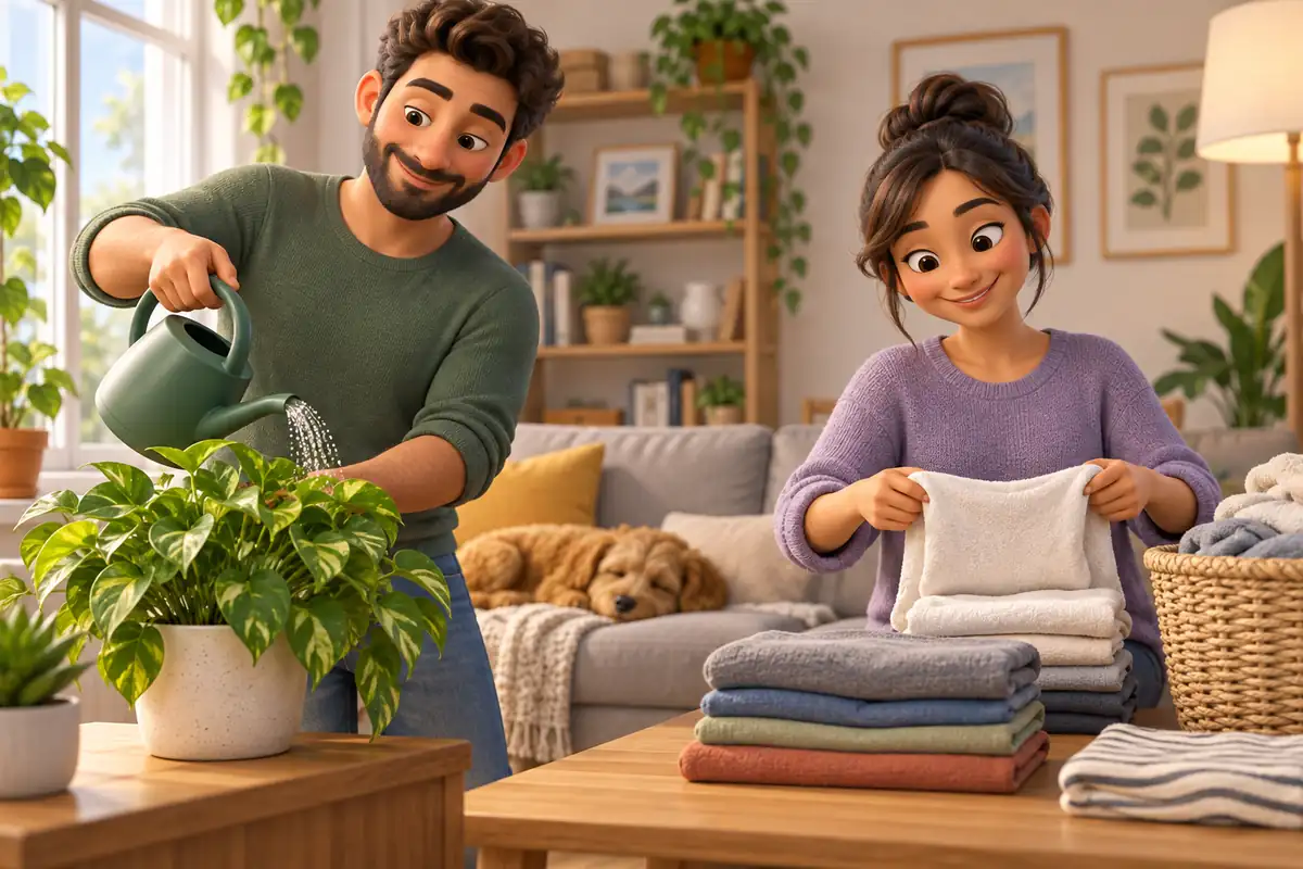An adult couple shares household tasks by watering a plant and folding laundry together.
