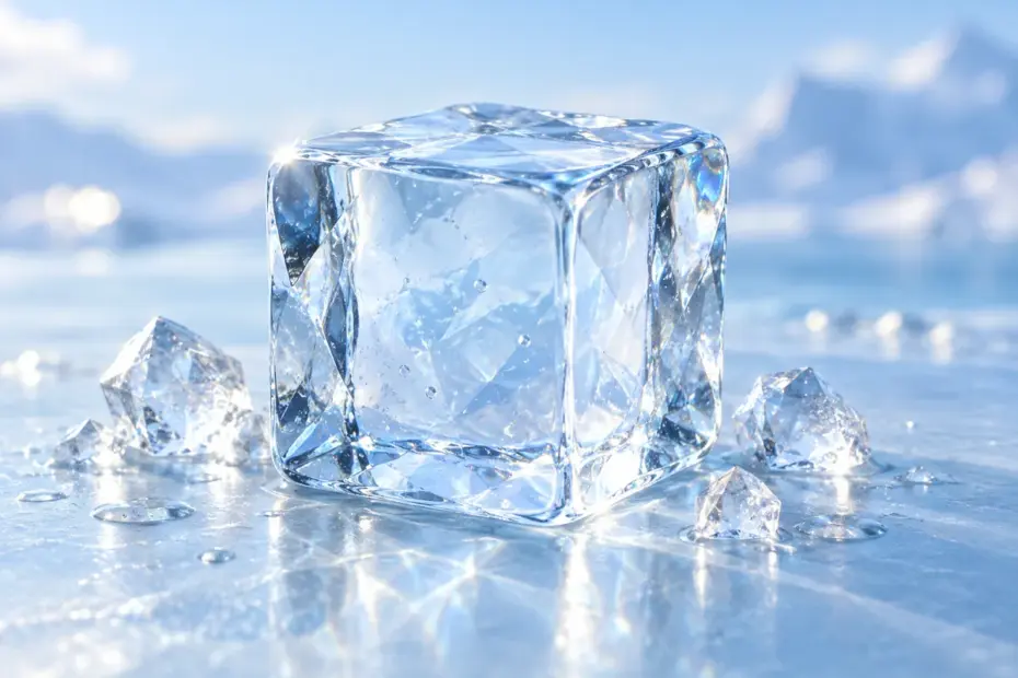 A clear faceted ice block glows in cool blue light beside a few sparkling ice crystals.