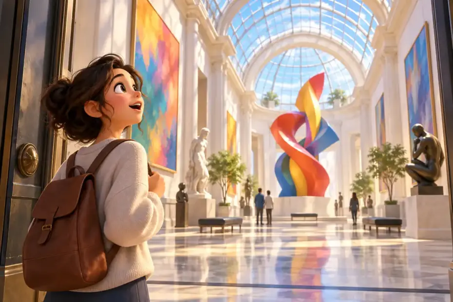 A visitor pauses in awe at a bright art museum hall with a colorful sculpture.