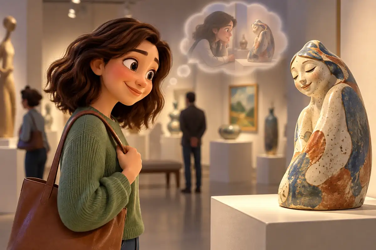 A visitor recognizes a memorable handmade sculpture while returning to a small gallery display.