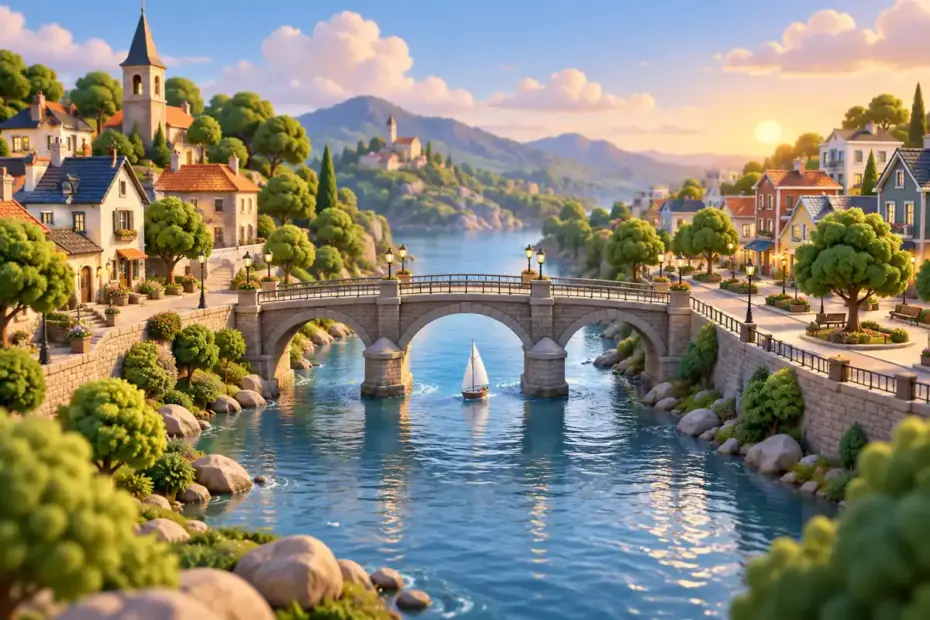 A bridge connects two model neighborhoods across a river.