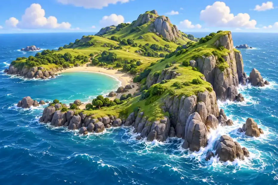 A windswept green island rises above a rocky coast with waves curling around its shoreline.