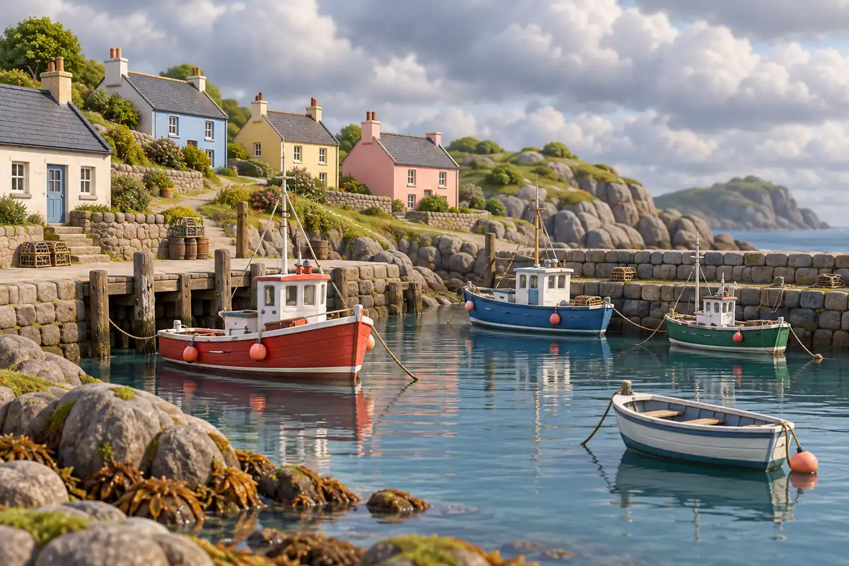 A narrow island harbor contains small fishing boats beneath a cloudy temperate sky.