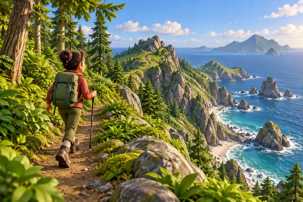 A hiker follows a forest trail toward an open ridge overlooking a cold blue sea.