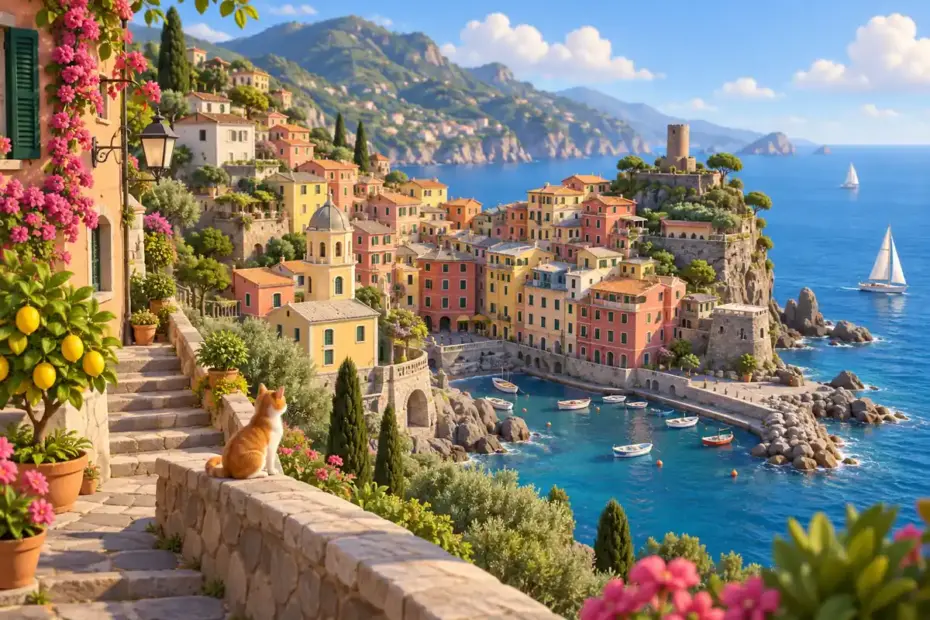 A colorful Italian coastal village overlooks blue water from a hillside.
