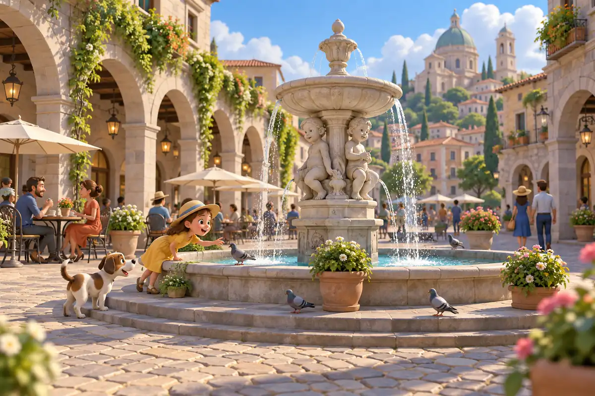 A historic city square contains a fountain and stone arcades.