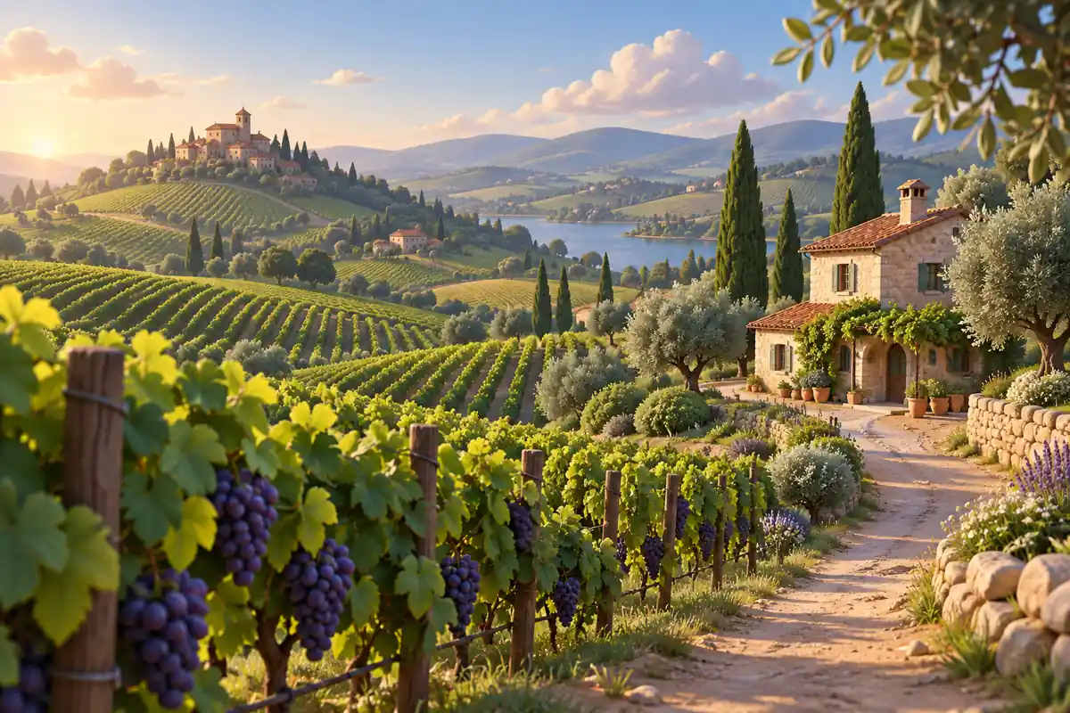 A quiet rural landscape shows rolling hills, vineyards, and a small farmhouse.