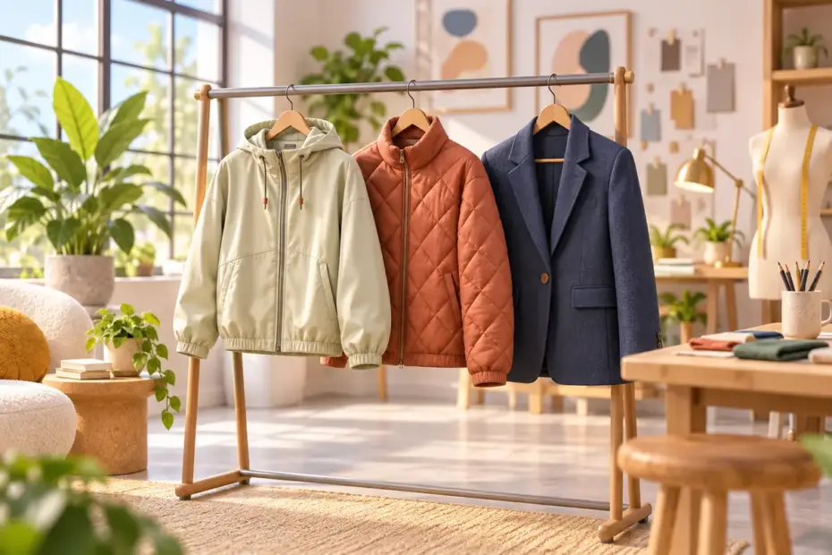 Different jacket styles hang on a rack.