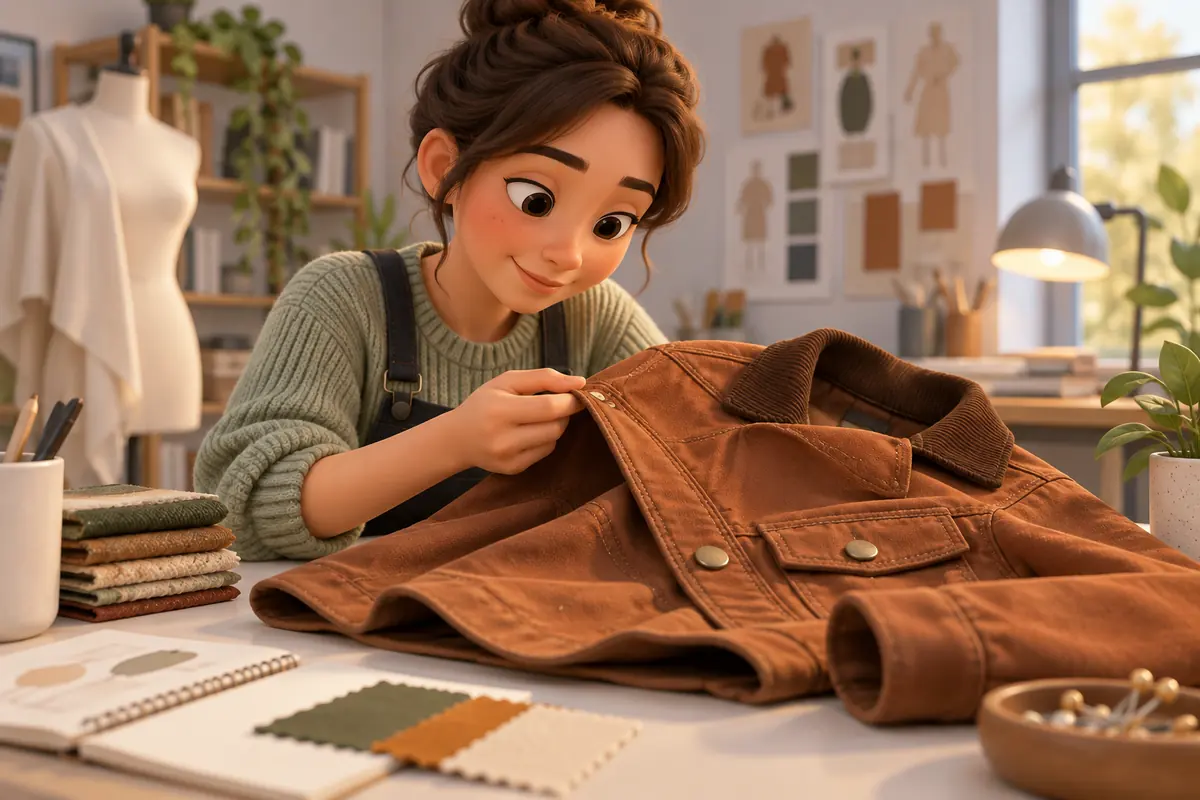 A student examines jacket fabric and stitching.