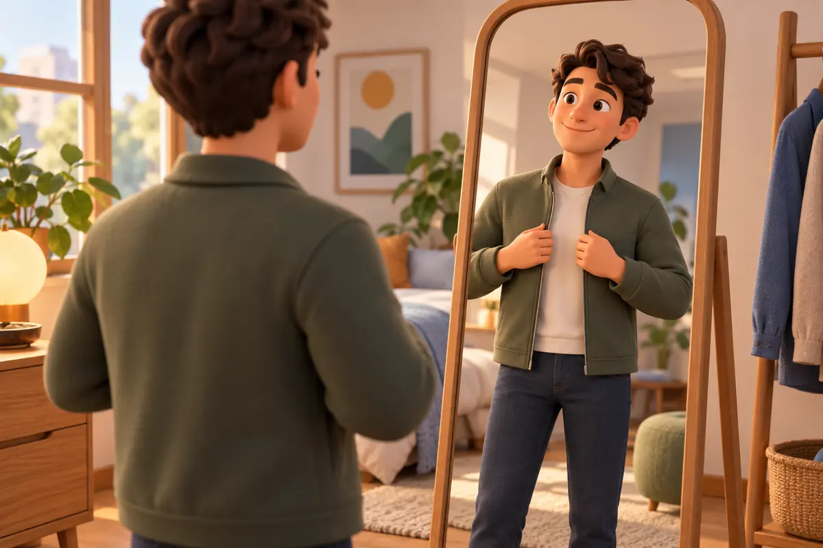 A person checks a jacket’s fit.