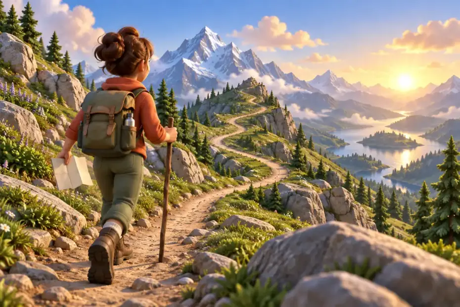 A traveler follows a winding mountain road toward a bright horizon, with a small backpack and folded map.