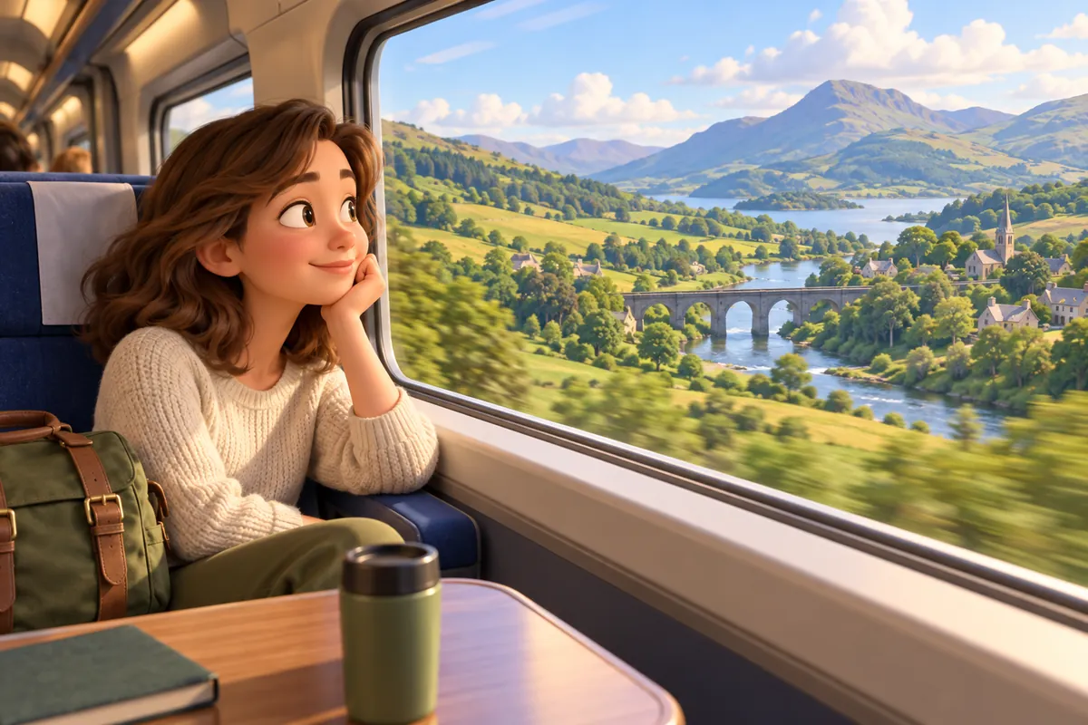 A passenger looks out at changing countryside from a train window, illustrating a long scenic journey.