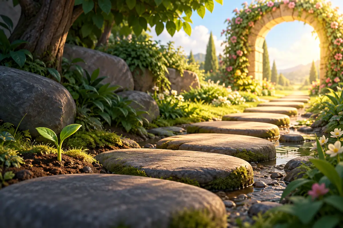 Stepping stones lead across a garden from a starting point to a sunlit destination, symbolizing a personal journey.
