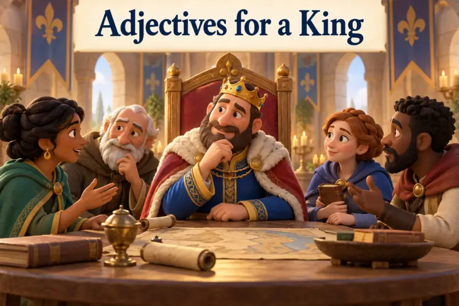 A fictional king listens to advisers around a table in a storybook hall.