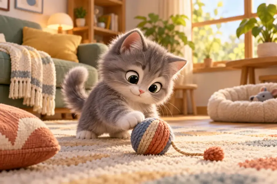 A fluffy gray kitten plays on a rug.