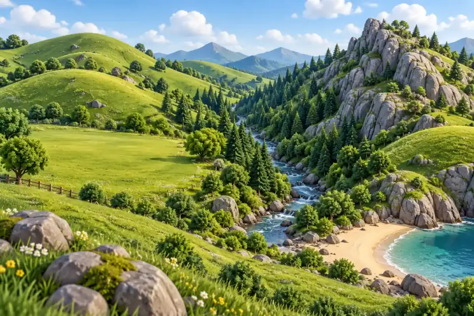 A miniature landscape combines rolling green hills, a flat meadow, a rocky ridge, and a wooded valley.