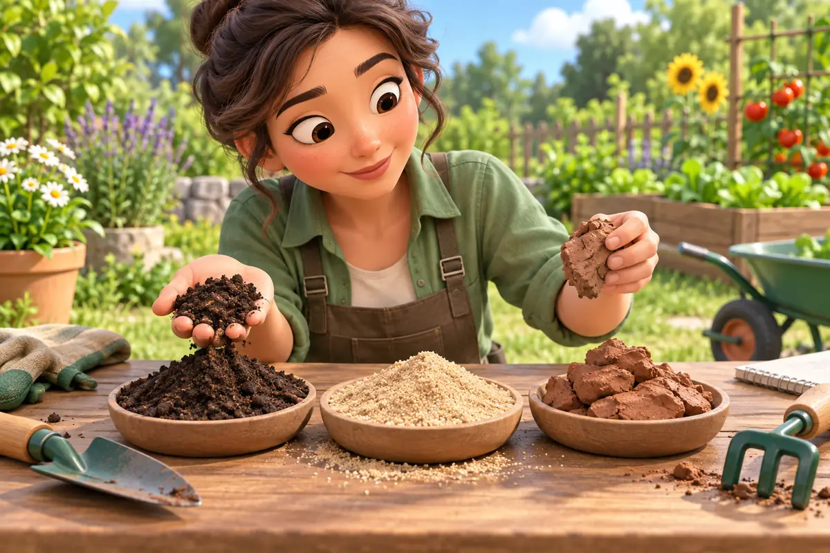 A field researcher compares a handful of dark loam, pale sand, and dense clay beside a garden plot.