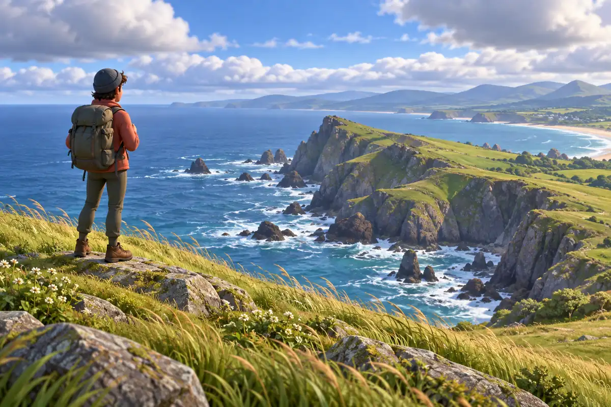A hiker pauses on a coastal bluff above a broad, windswept landscape and distant shoreline.