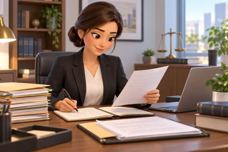 A lawyer reviews an organized case file at a desk, comparing a document with handwritten notes.