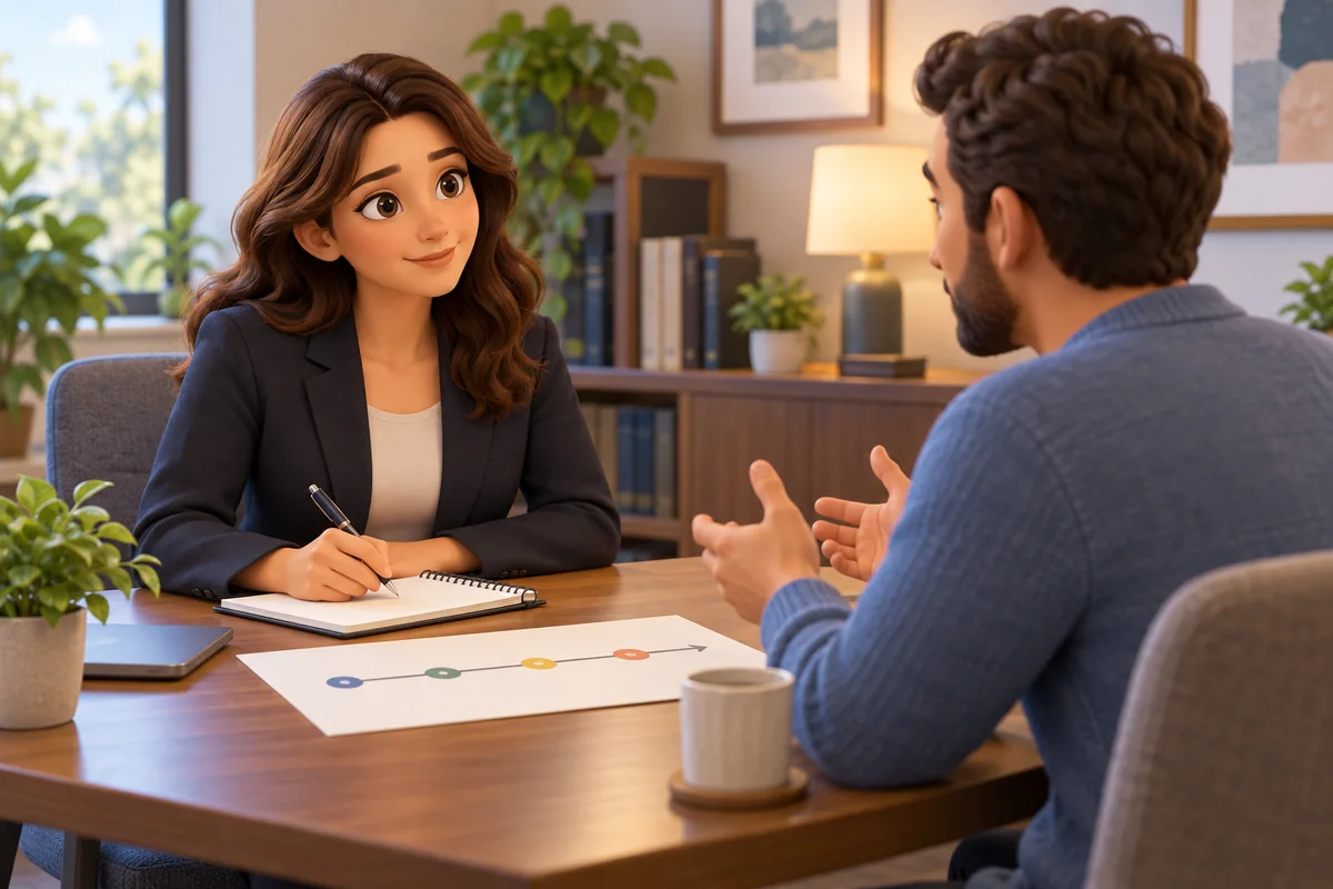 A lawyer listens to a client across a meeting table while taking notes and reviewing a simple case timeline.