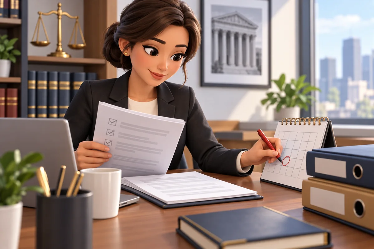 A lawyer marks a deadline on a calendar beside a checked legal brief and neatly arranged case documents.