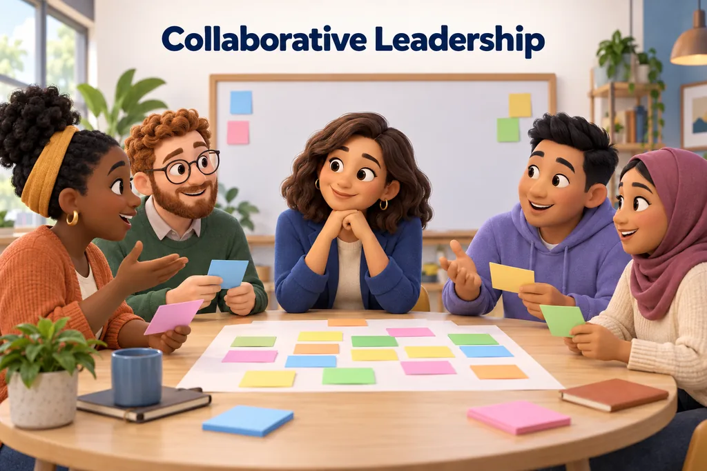 A collaborative leader listens while team members place their own project ideas on a shared planning board.
