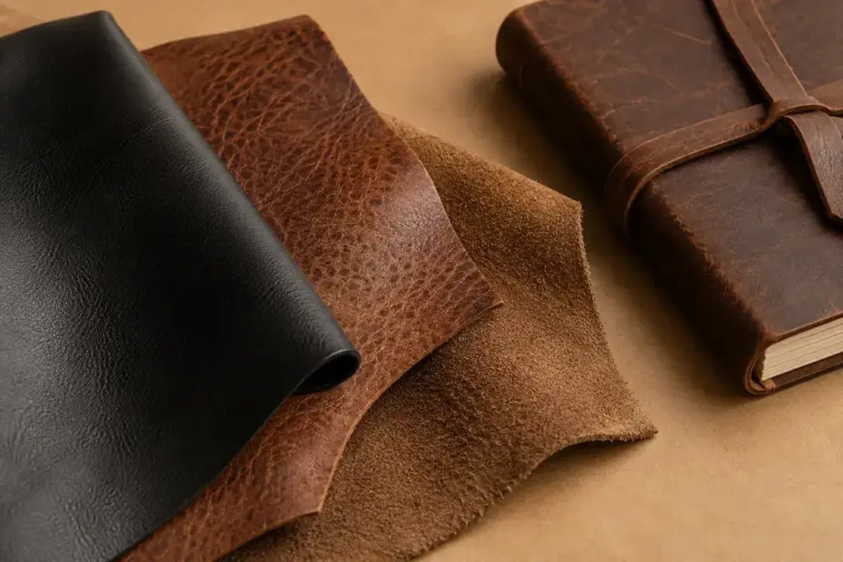 Black, brown full-grain, and suede leather swatches arranged beside a leather journal