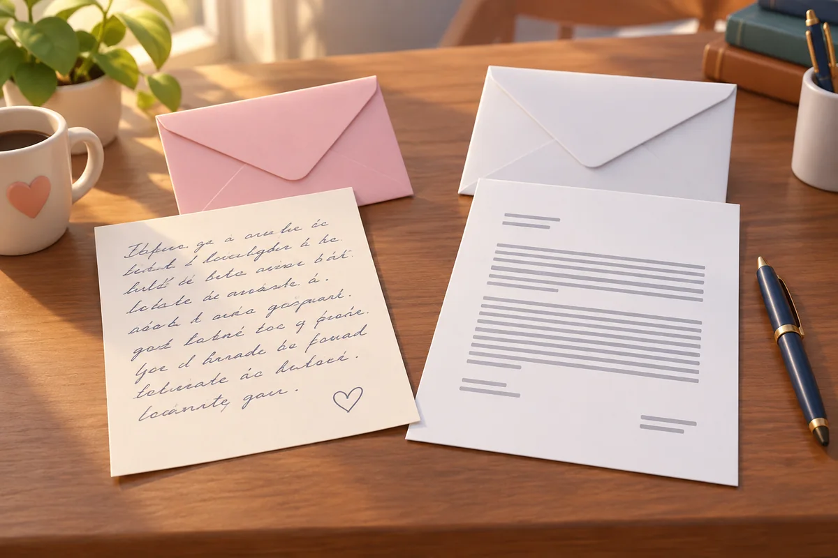 A handwritten personal note and a neatly typed letter sit beside blank envelopes and a pen.