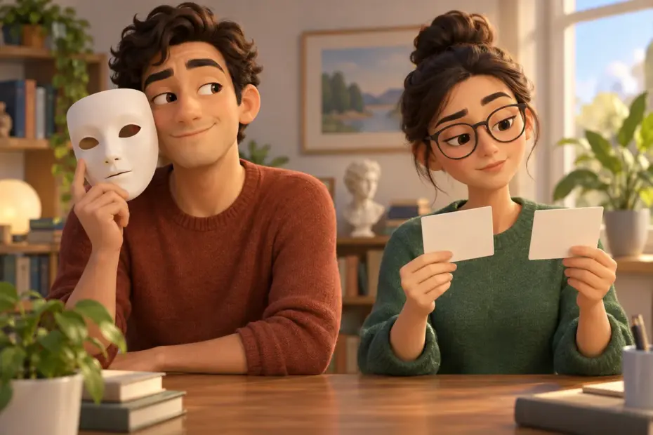 A person holds a blank mask while another compares two unmarked statements.