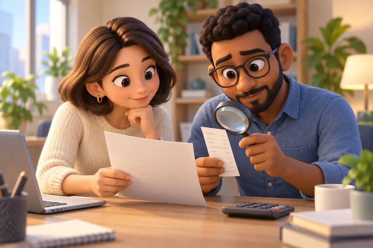Coworkers examine an unmarked document and receipt to check a discrepancy.