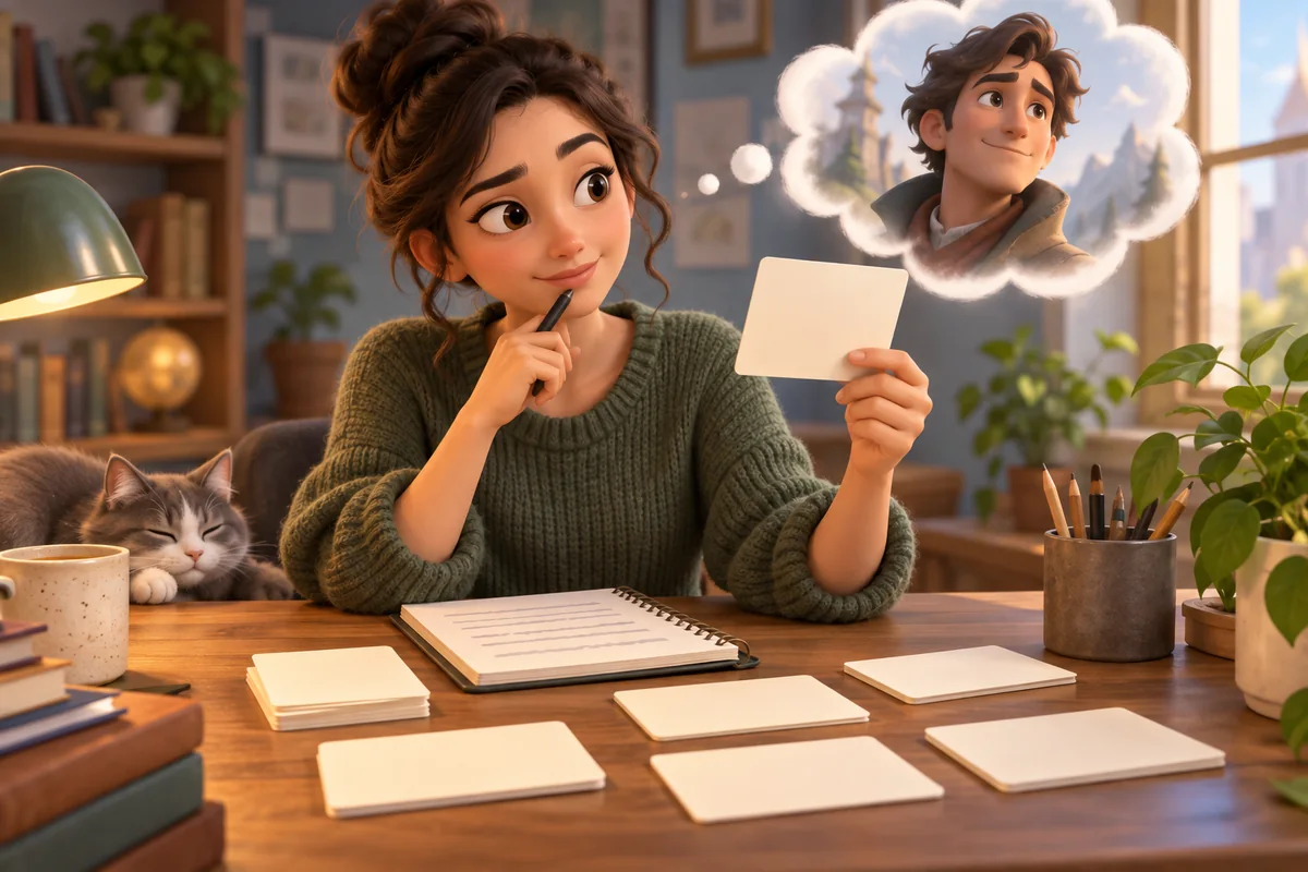 A writer selects a precise descriptive word from blank cards at a desk.